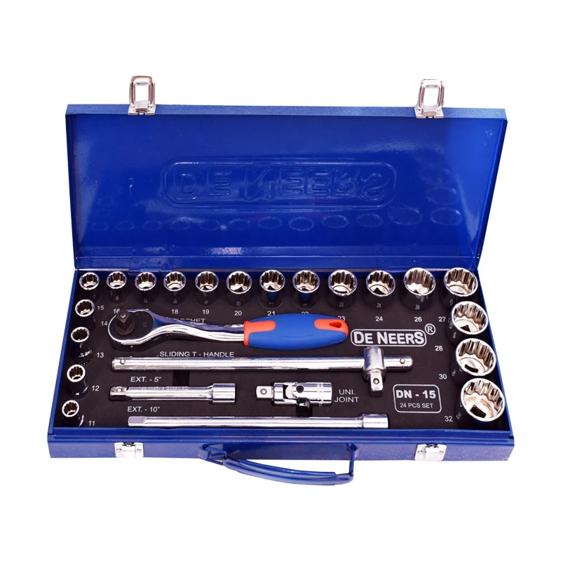 12.5mm (1/2) Drive HEX & BI-HEX Socket Set — DN-15M REGULAR (N) (11 Sockets & 4 Accessories) / Socket Spanners : 8 – 32mm Extension Bar: 125mm,250mm Sliding T-Handle : 300mm Reversible Ratchet Handle with Quick Release DN-15M